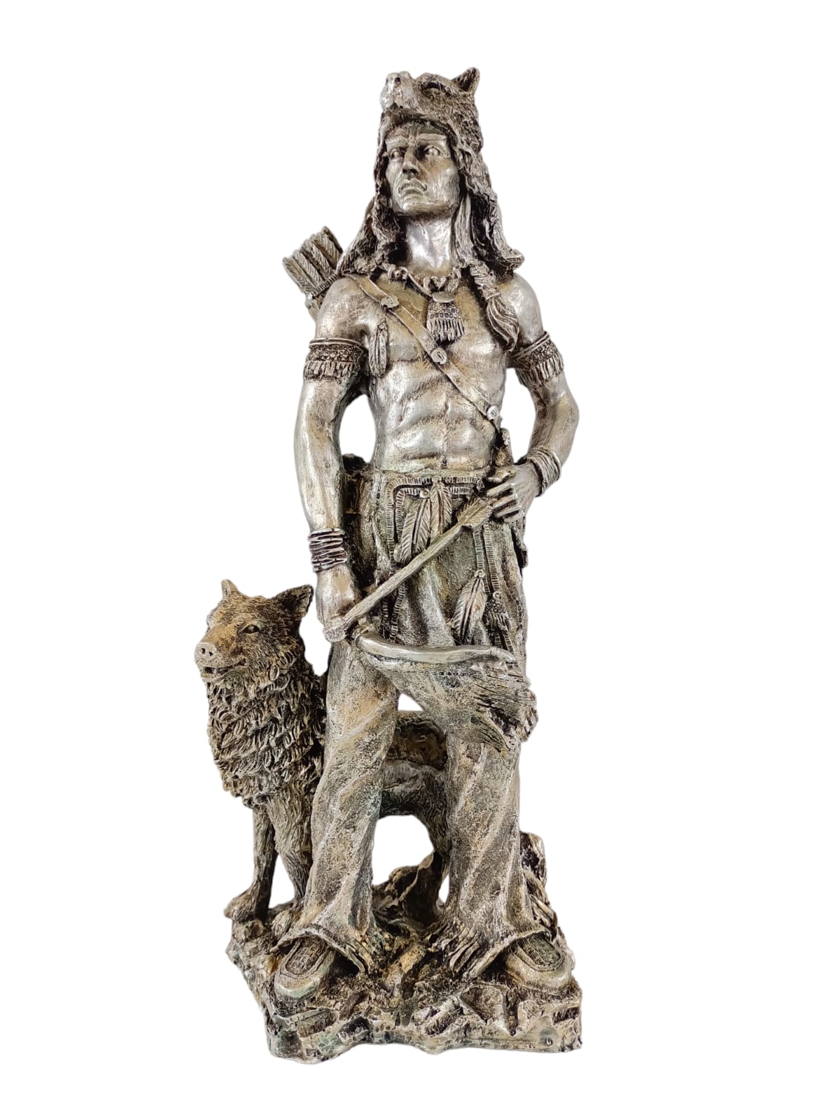 Guerrero Indio Nativo Americano con Lobo – Escultura Decorativa de Resina 40 cm | Fuerza, Espíritu y Protección