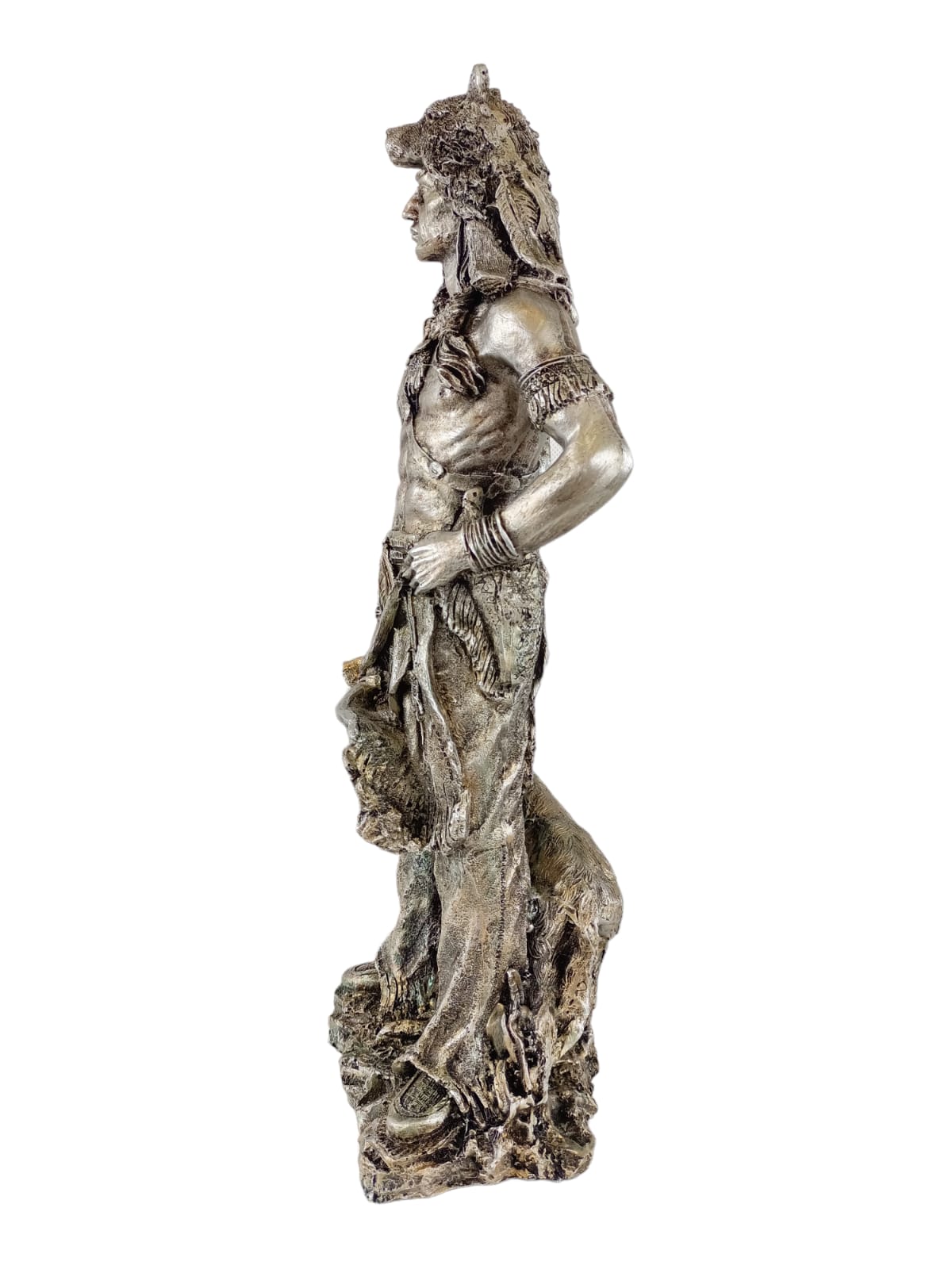 Guerrero Indio Nativo Americano con Lobo – Escultura Decorativa de Resina 40 cm | Fuerza, Espíritu y Protección