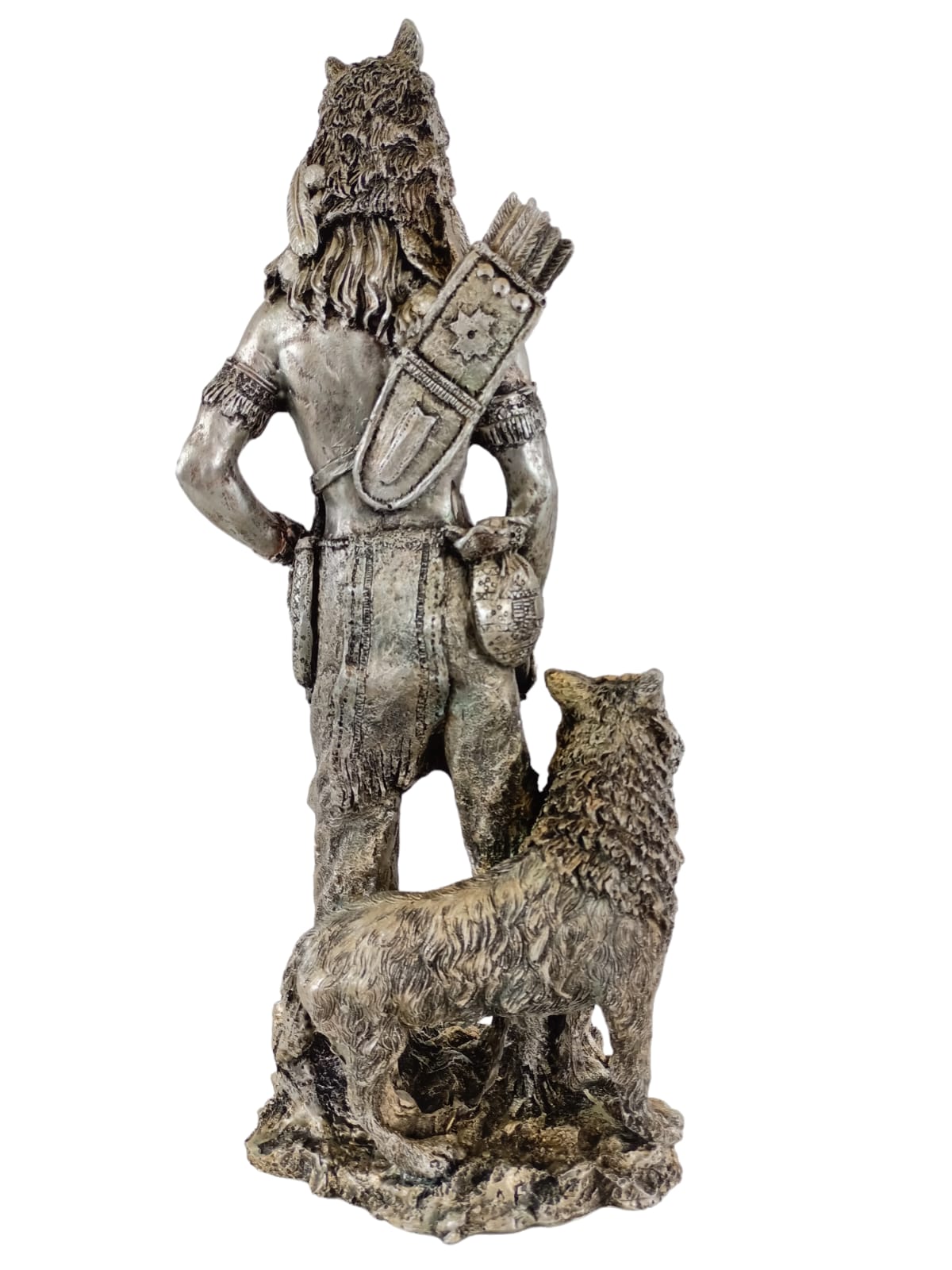 Guerrero Indio Nativo Americano con Lobo – Escultura Decorativa de Resina 40 cm | Fuerza, Espíritu y Protección