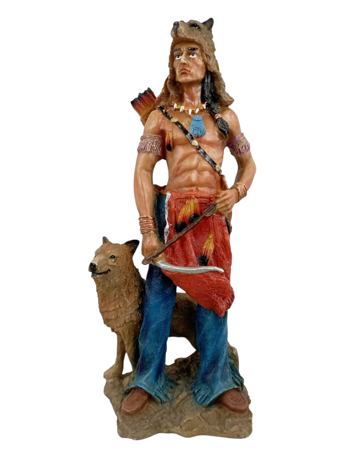 Guerrero Indio Nativo Americano con Lobo – Escultura Decorativa de Resina 40 cm | Fuerza, Espíritu y Protección