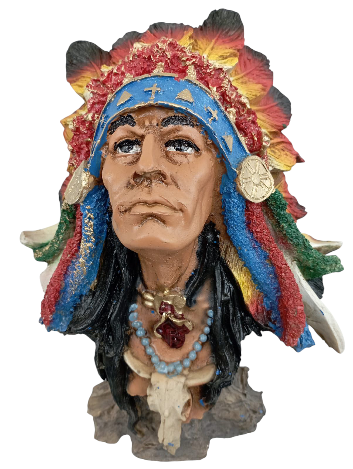 Busto de Indio Decorativo, Cabeza de Resina, Escultura Indígena artesanal.