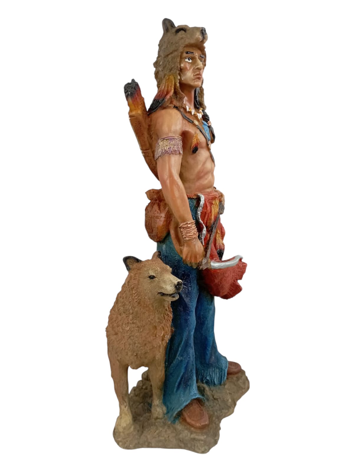 Guerrero Indio Nativo Americano con Lobo – Escultura Decorativa de Resina 40 cm | Fuerza, Espíritu y Protección