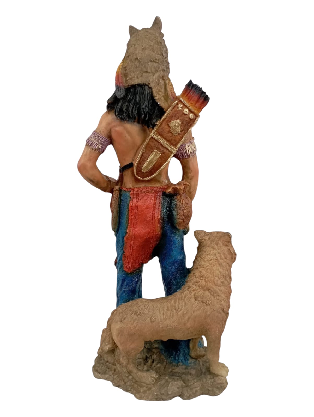 Guerrero Indio Nativo Americano con Lobo – Escultura Decorativa de Resina 40 cm | Fuerza, Espíritu y Protección