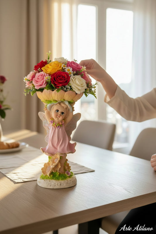 Hada Frutero Florero Decorativa de Resina – Figura Fantasía Floral para Hogar y Jardín 35 cm