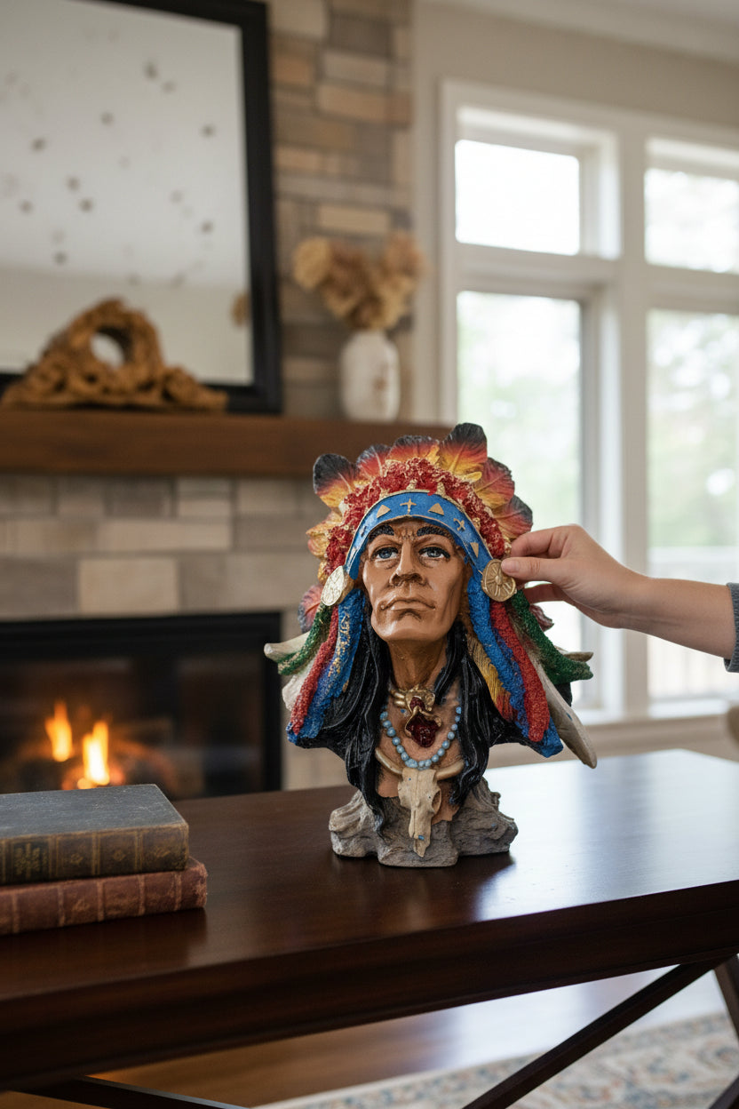 Busto de Indio Decorativo, Cabeza de Resina, Escultura Indígena artesanal.