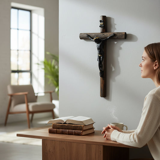Cristo de Esquipulas en Cruz de Tronco Natural 50 cm | Crucifijo del veneno| Artesanal Religioso de Resina para Altar y Hogar| Cristo negro.