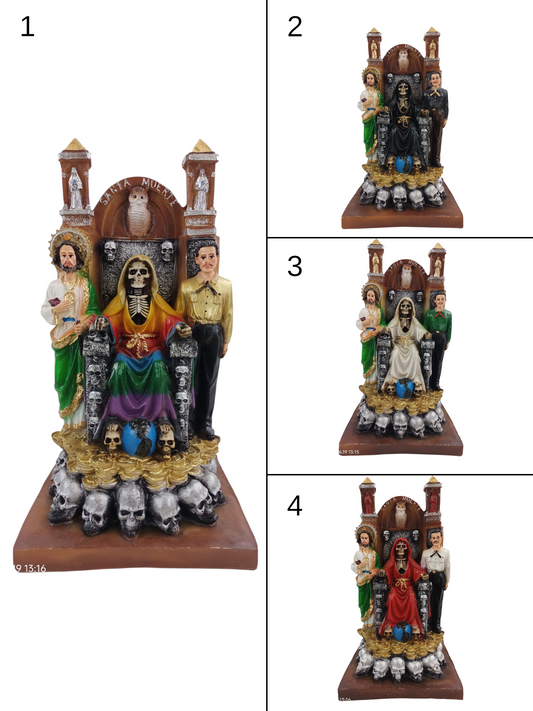 Santa Muerte Triada con San Judas Tadeo y Jesús Malverde – Fuerza, Fe y Protección Total